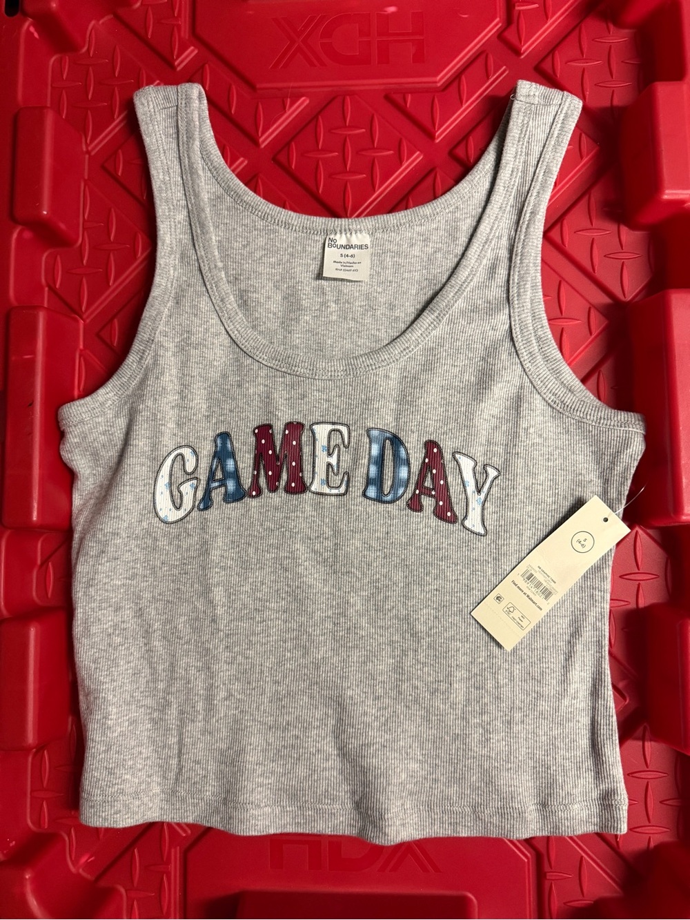 No Boundaries Gray Ribbed 'Game Day' Tank with Red & Blue Lettering
